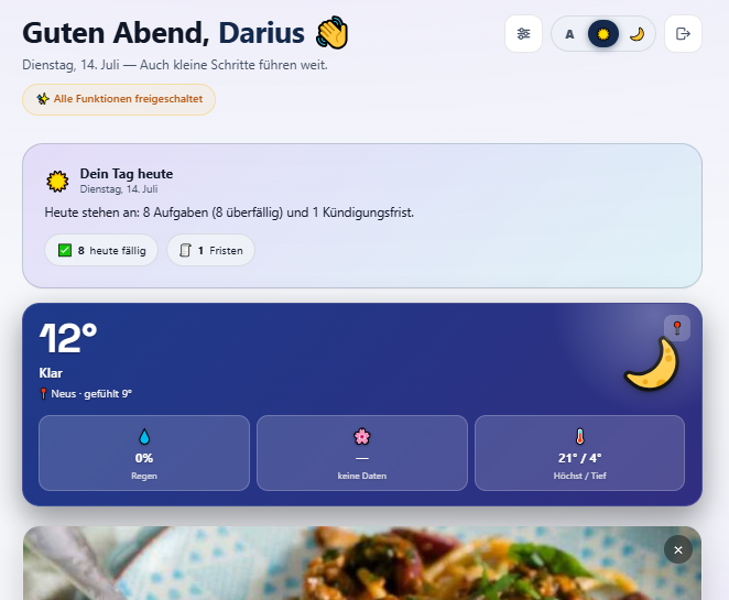 Effyra Dashboard: persönliche Begrüßung, Tagesüberblick und Wetter-Widget